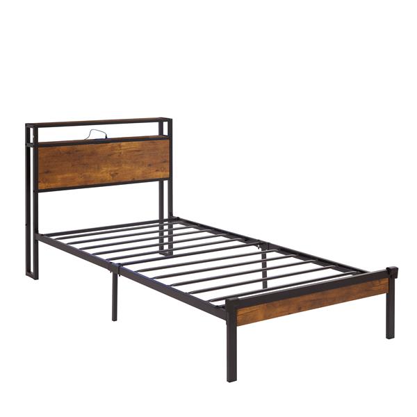 Twin Size Metal Platform Bed Frame with Wooden Headboard and Footboard with USB LINER, No Box Spring Needed,  Under Bed Storage, Easy Assemble