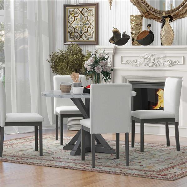 5-Piece Farmhouse Style Dining Table Set, Marble Sticker and Cross Bracket Pedestal Dining Table, and 4 Upholstered Chairs (White+Gray)