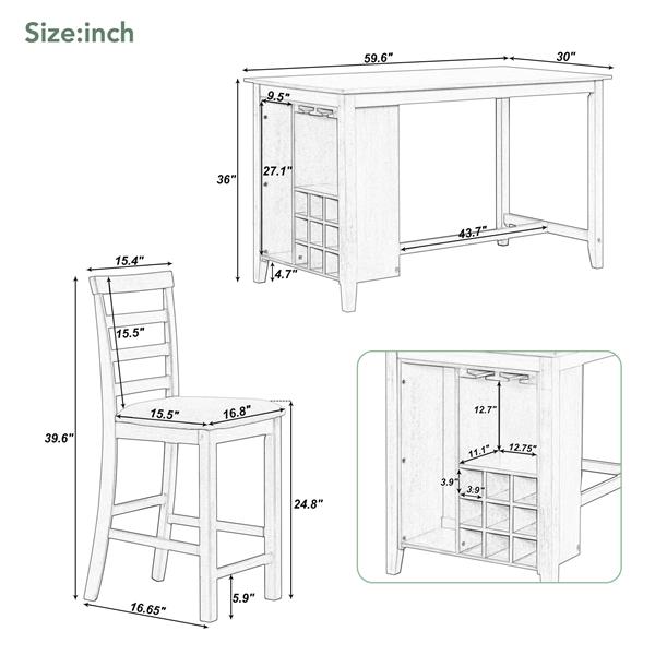 5-Piece Multi-Functional Rubber Wood Counter Height Dining Set with Padded Chairs and Integrated 9 Bar Wine Compartment, Wineglass Holders for Dining Room (Brown + White Wash)