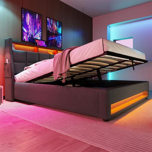 Full size Upholstered Platform bed with a Hydraulic Storage System, LED and USB Charging, Grey (without mattress)