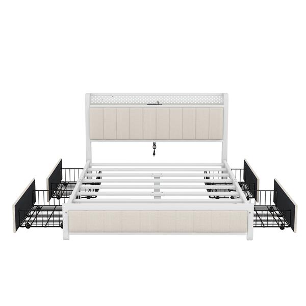 Queen Bed Frame with LED Headboard, Upholstered Bed with 4 Storage Drawers and USB Ports, Beige