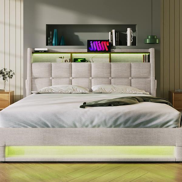 Full size Upholstered Platform bed with a Hydraulic Storage System, LED and USB Charging, Natural (without mattress)