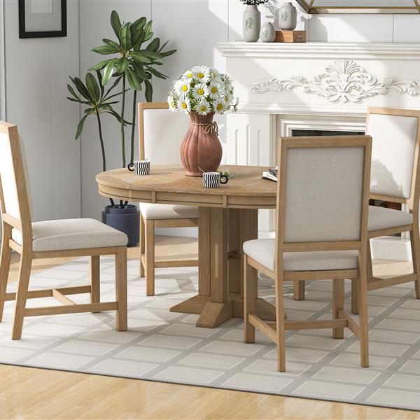 5-Piece Dining Set Extendable Round Table and 4 Upholstered Chairs Farmhouse Dining Set for Kitchen, Dining Room(Natural Wood Wash)