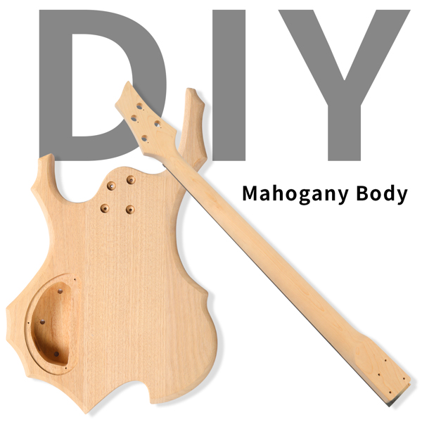 DIY 4 String Flame Shaped Style Electric Bass Guitar Kits with Mahogany Body, Maple Neck and Accessories