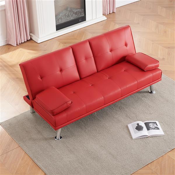 67" Red Leather Multifunctional Double Folding Sofa Bed for Office with Coffee Table