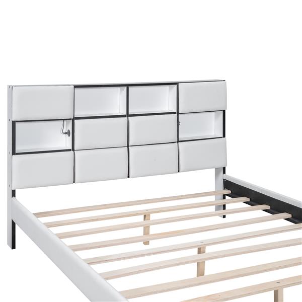 Queen Size Upholstered Platform Bed with LED, Storage and USB, Beige