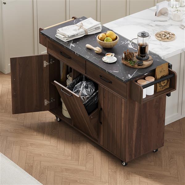 Kitchen Island with Trash Can Storage Cabinet, Kitchen Cart with Drop Leaf, Spice Rack, Towel Rack and Drawer, Rolling Kitchen Island on Wheels with Adjustable Shelf, Walnut Brown