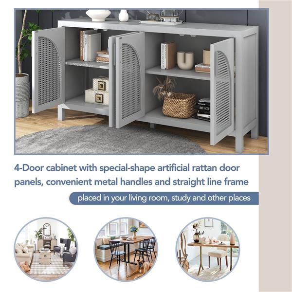 Large Storage Space Sideboard with Artificial Rattan Door and Metal Handles for Living Room and Entryway (Gray)