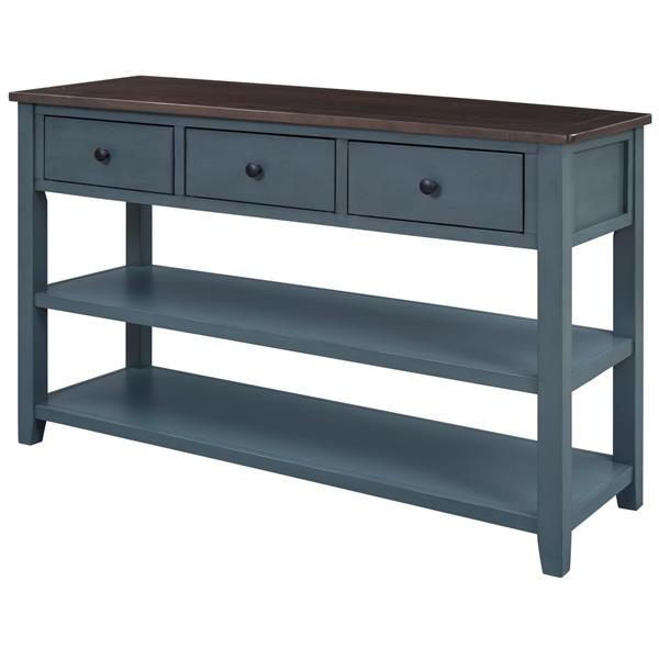 Retro Design Console Table with Two Open Shelves, Pine Solid Wood Frame and Legs for Living Room (Navy)