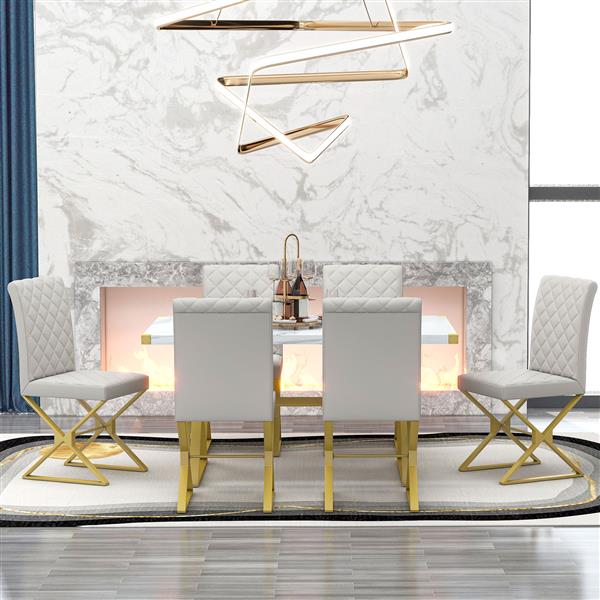 7-Piece Modern Dining Table Set, Rectangular Marble Texture Kitchen Table and 6 PU leather Chairs with X-Shaped ld Steel Pipe Legs for Dining Room (White)