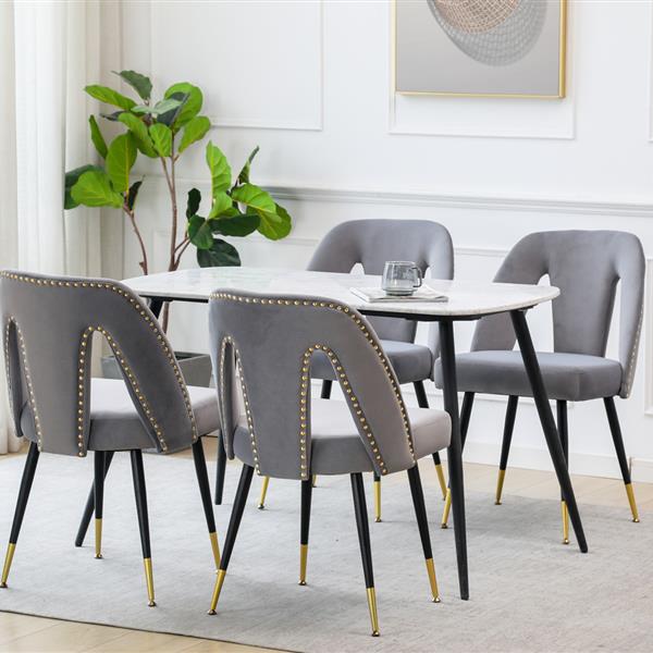 Furniture, Collection Modern | Contemporary Velvet Upholstered Dining Chair with Nailheads and ld Tipped Black Metal Legs, Gray，Set of 2