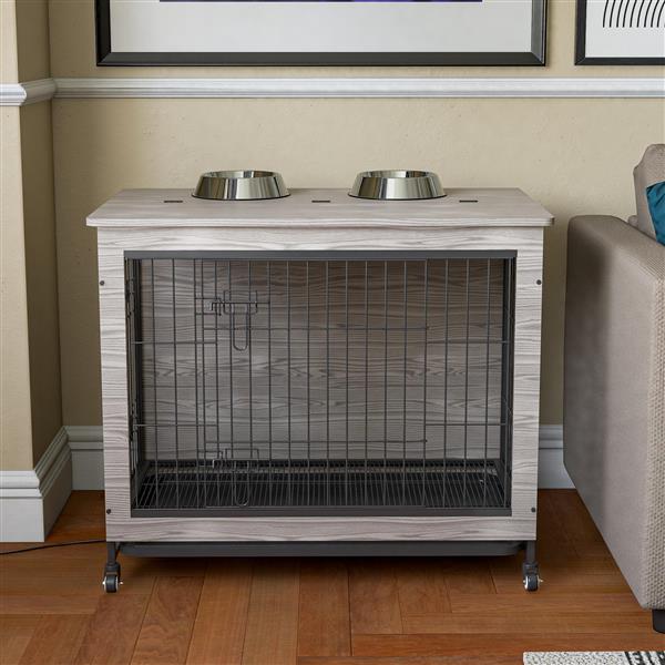 23.6"L X 20"W X 26"H Dog Crate Furniture with Cushion, Wooden Dog Crate Table, Double-Doors Dog Furniture, Dog Kennel Indoor for Small Dog, Dog House, Dog Cage Small,  Rustic Brown Grey