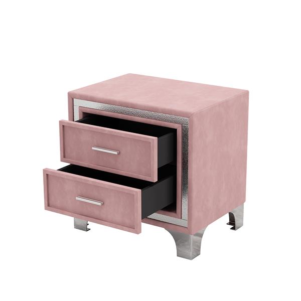 Mid Century Vintage Nightstand with Metal Legs for Bedroom, Velvet Bedside Table with 2 Drawers, Fully Assembled Except Legs and Handles, Pink