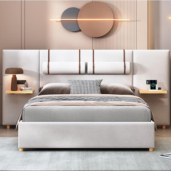 Queen Size Upholstered Platform Bed, Two Outlets and USB Charging Ports on Both Sides, Two Bedside Pillows, Storage Shelves, Beige