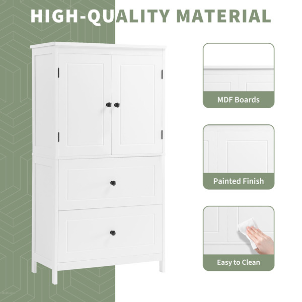 Bathroom Storage Cabinet, Cabinet with Two Doors and Drawers, Adjustable Shelf, MDF Board, White 