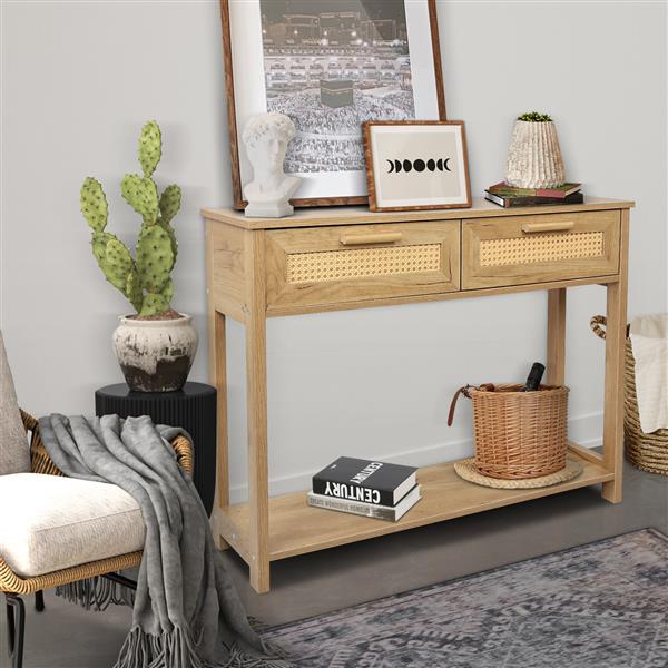 Console Table with 2 Drawers,  Sofa Table, Entryway Table with open  Storage Shelf, Narrow Table with rattan design for Living Room/Entryway/Hallway,  Natural Color