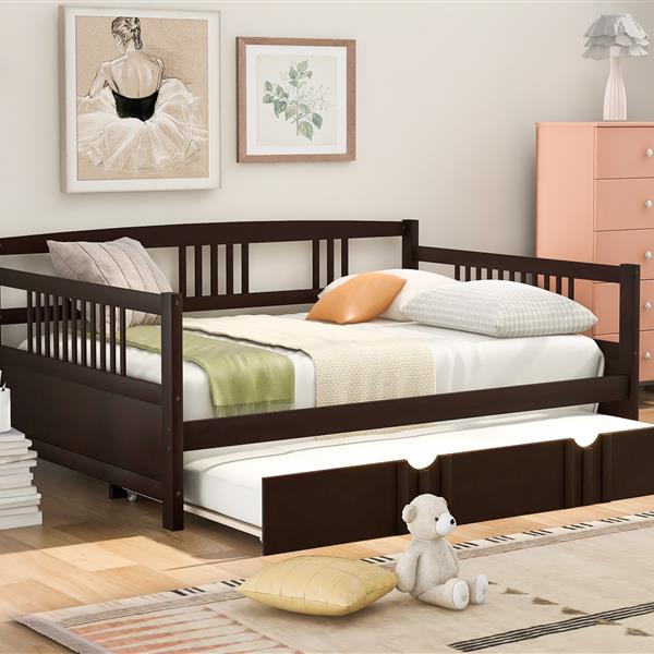 Full Size Daybed Wood Bed with Twin Size Trundle,Espresso