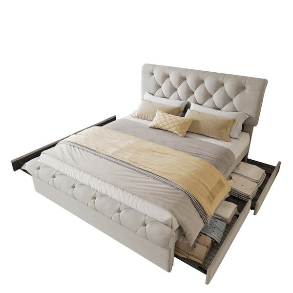 Queen size Upholstered Platform bed with Four Drawers, Antique Curved Headboard, Linen Fabric, Beige (without mattress)