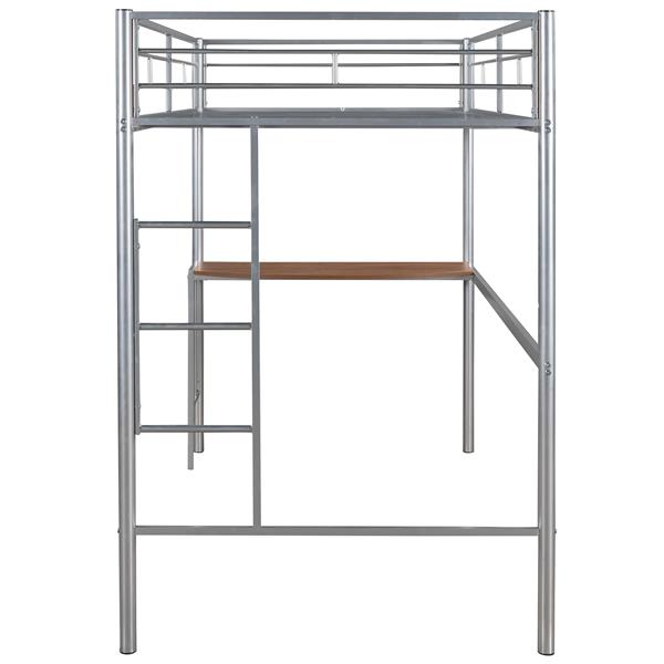 Twin Metal Loft Bed with Desk, Ladder and Guardrails, Loft Bed for Bedroom, Silver