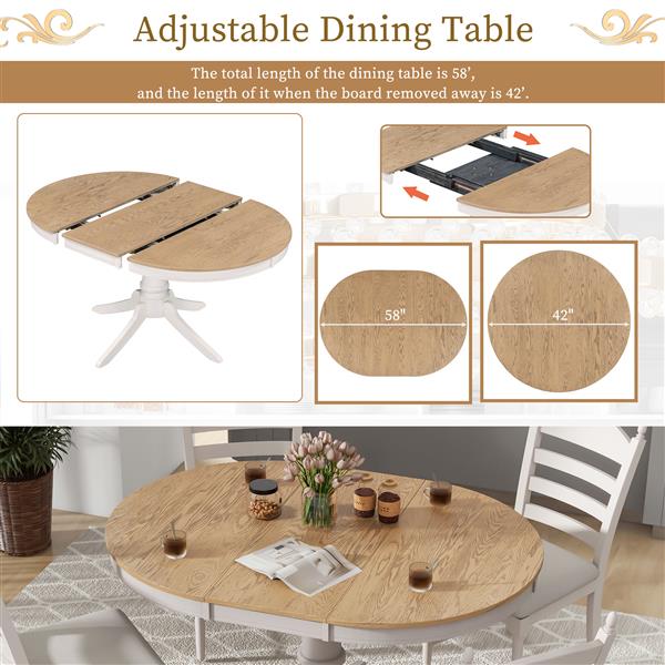 5-Piece Retro Functional Dining Table Set Wood Round Extendable Dining Table and 4 Upholstered Dining Chairs (Off White)