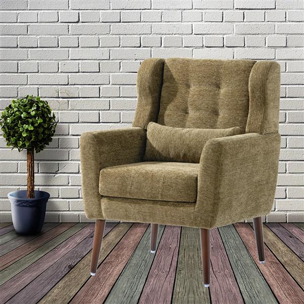 Modern Accent Chair,Chenille Arm Chairs for Living Room,Upholstered Mordern Armchair,Comfy Soft Padded Lounge Chair in Small Space, Bedroom, w/Pillow, Solid Wood Leg (Olive Green)