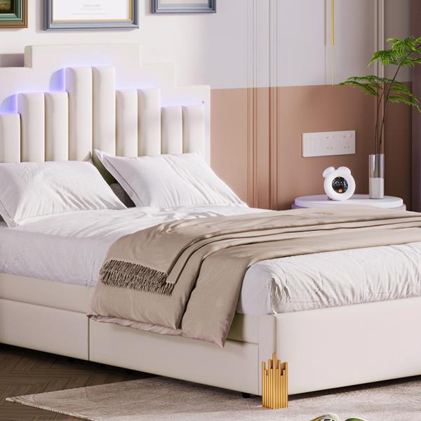 Full Size Upholstered Platform Bed with LED Lights and 4 Drawers, Stylish Irregular Metal Bed Legs Design, Beige