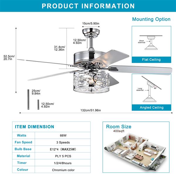 52 Inch Crystal Chandelier Fan  Dual Finish Reversible Blades, Fandelier for Living Room, Dining Room, Bedroom, Family Room, Chrome