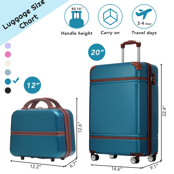 20 IN Hardside Luggage with Cosmetic Case , 2 Piece Lightweight Suitcase Set with Spinner Wheels, Carry on Vintage Luggage,Blue 