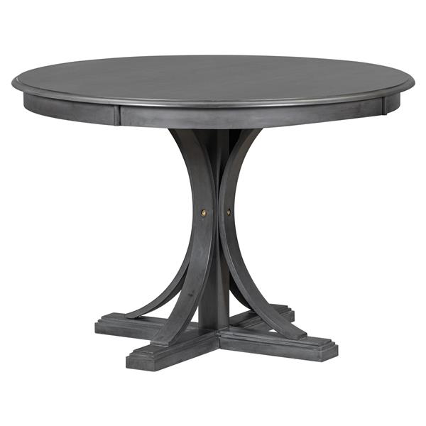 5-Piece Retro Round Dining Table Set with Curved Trestle Style Table Legs and 4 Upholstered Chairs for Dining Room (Dark Gray)