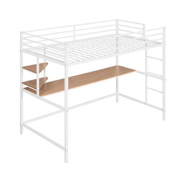 Twin Metal Loft Bed with Desk and Shelve,White