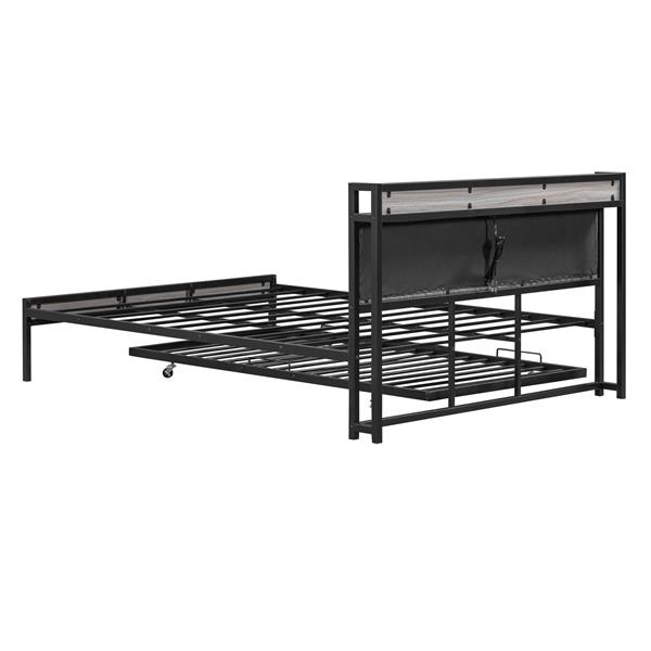 Queen Size Metal Platform Bed Frame with Twin size trundle, Upholstered headboard, Sockets, USB Ports and Slat Support, No Box Spring Needed, Black