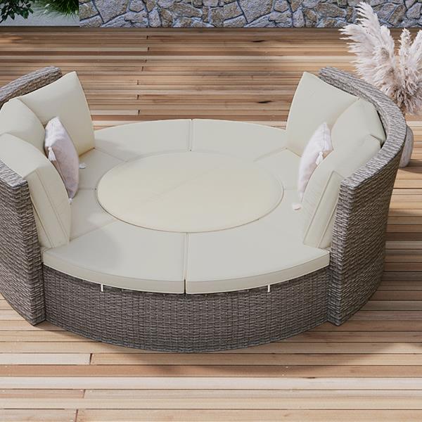 Patio 5-Piece Round Rattan Sectional Sofa Set All-Weather PE Wicker Sunbed Daybed with Round Liftable Table and Washable Cushions for Outdoor Backyard Poolside, Gray