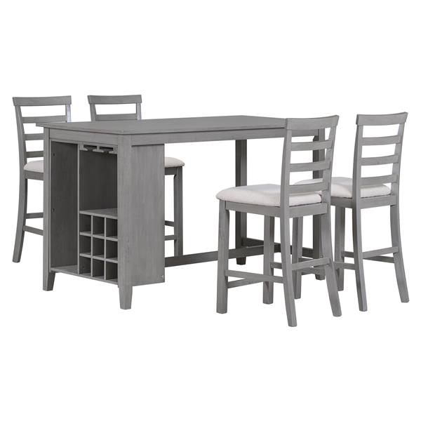 5-Piece Multi-Functional Rubber Wood Counter Height Dining Set with Padded Chairs and Integrated 9 Bar Wine Compartment, Wineglass Holders for Dining Room (Gray)