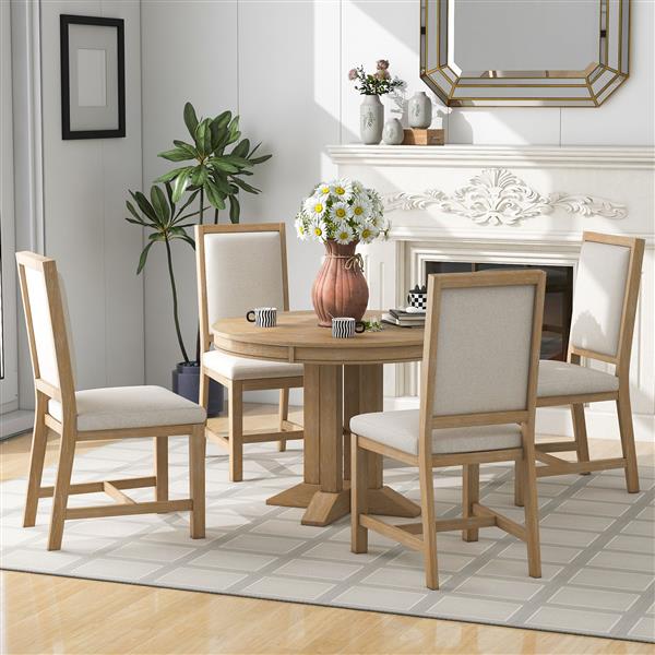 5-Piece Dining Set Extendable Round Table and 4 Upholstered Chairs Farmhouse Dining Set for Kitchen, Dining Room(Natural Wood Wash)