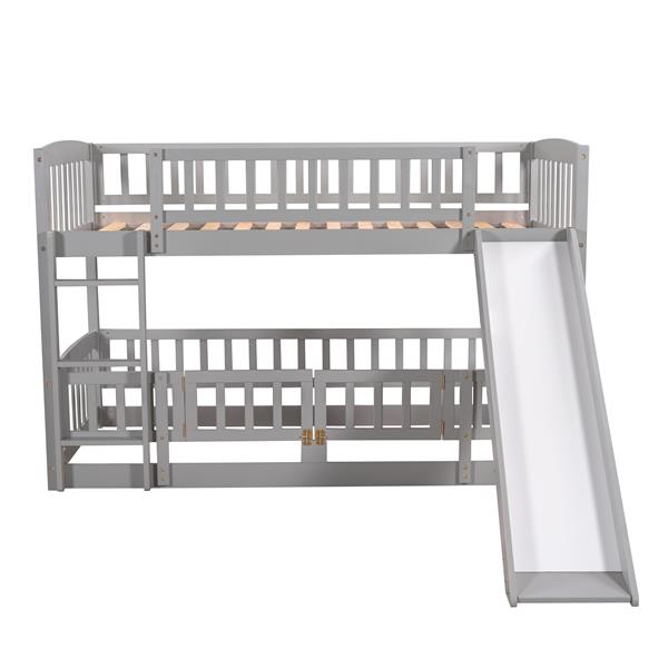 Bunk Bed with Slide,Twin Over Twin Low Bunk Bed with Fence and Ladder for Toddler Kids Teens Grey