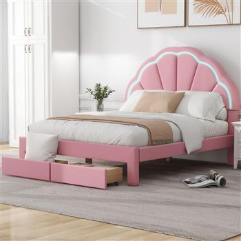 Full Size Upholstered Platform Bed with Seashell Shaped Headboard, LED and 2 Drawers, Pink