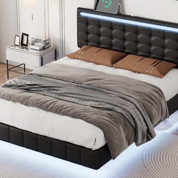 Full Size Floating Bed Frame with LED Lights and USB Charging,Modern Upholstered Platform LED Bed Frame,Black(Full)