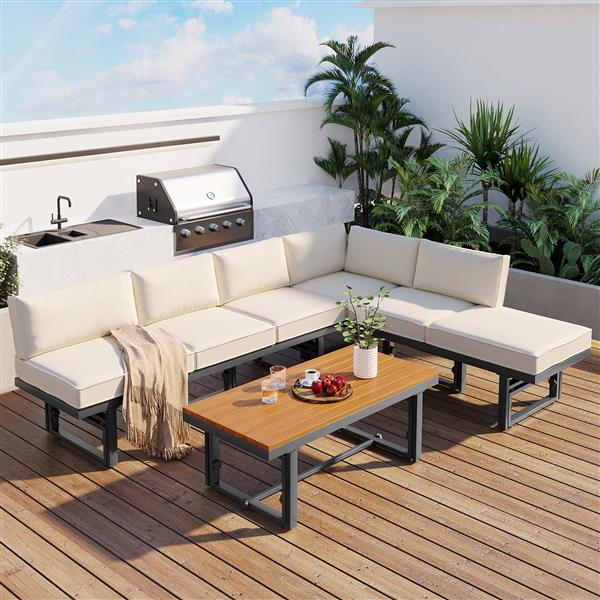 3-Piece Modern Multi-Functional Outdoor Sectional Sofa Set with Height-adjustable Seating and Coffee Table for Patio, Garden and Backyard (Beige)