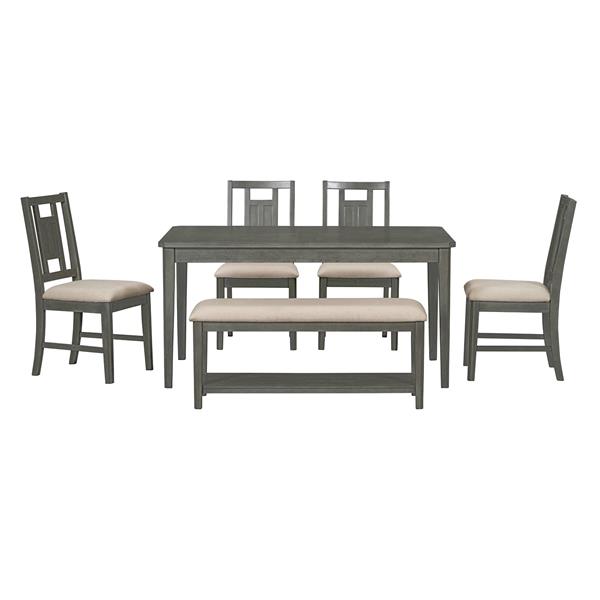 6-piece Retro Dining Set, Minimalist Dining Table and 4 upholstered chairs & 1 bench with a shelf for Dining Room(Dark Gray)