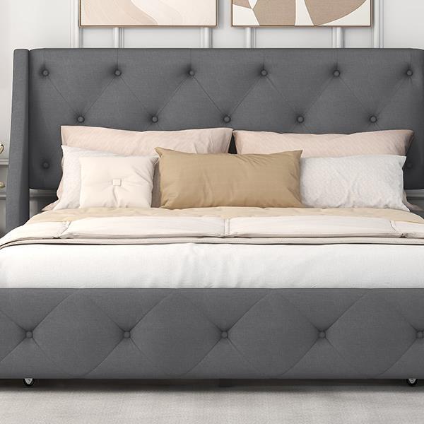 Upholstered Platform Bed with Wingback Tufted Headboard and 4 Drawers, No Box Spring Needed, Linen Fabric, Queen Size Gray