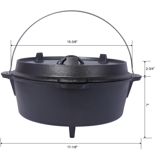 pre-Seasoned Cast Iron Dutch Oven With Skillet Lid, Outdoor Camping Deep Pot for Camping Fireplace Cooking BBQ Baking Campfire, Leg Base, 12 Quart