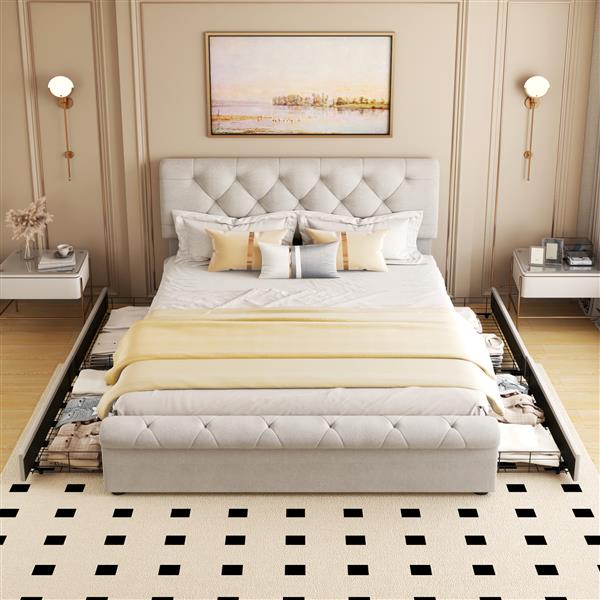 Queen size Upholstered Platform bed with Four Drawers, Antique Curved Headboard, Linen Fabric, Beige (without mattress)