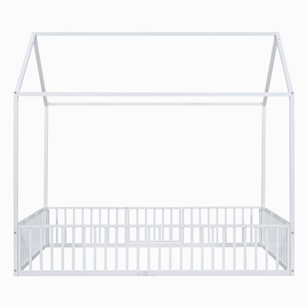 Full Size Metal House Bed with Fence and Door, White