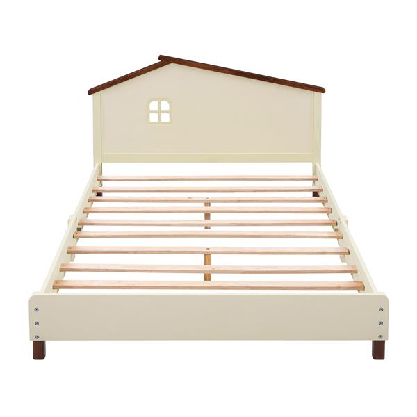 Full Size Wood Platform Bed with House-shaped Headboard  (Cream+Walnut)