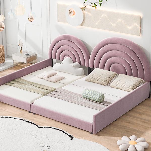 Twin+Full Upholstered Platform Bed Set with Semicircular Headboard, Pink