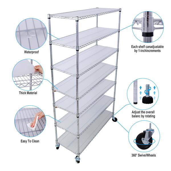 7 Tier Metal Shelf Wire Shelving Unit, 2450lbs Heavy Duty Adjustable Storage Rack with Wheels & Shelf Liners for Closet Kitchen Garage Basement Commercial Shelving - 81.5" H x 48" L x 18" D chrome