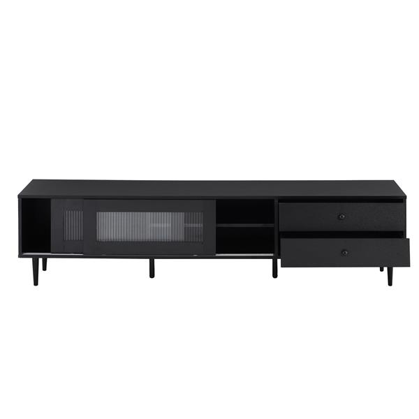 Chic Elegant Design TV Stand with Sliding Fluted Glass Doors, Slanted Drawers Media Console for TVs Up to 75", Modern TV Cabinet with Ample Storage Space, Black