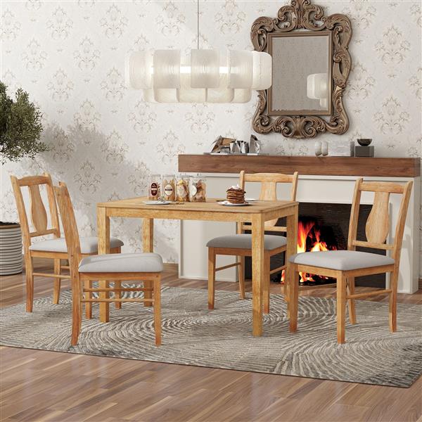 5-Piece Kitchen Dining Table Set, Wooden Rectangular Dining Table and 4 Upholstered Chairs for Kitchen and Dining Room (Drift Wood)