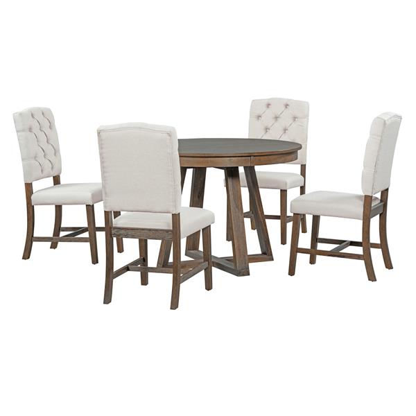 5-Piece Retro Functional Dining Set, Round Table with a 16"W Leaf and 4 Upholstered Chairs for Dining Room and Living Room (Walnut)