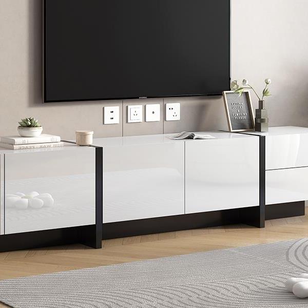 [VIDEO provided] White & Black Contemporary Rectangle Design TV Stand, Unique Style TV Console Table for TVs Up to 80'', Modern TV Cabinet with High Gloss UV Surface for Living Room.